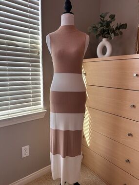 Sleeveless Striped Maxi Dress in Taupe and Cream